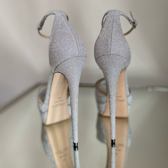 Jimmy Choo Max 150 Metallic Silver Glitter Fabric Platform Stiletto Sandals 39 - Picture 11 of 15
